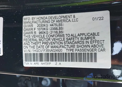 2022 Honda Accord Sport from USA, damaged, VIN 1HGCV1F35NA024920